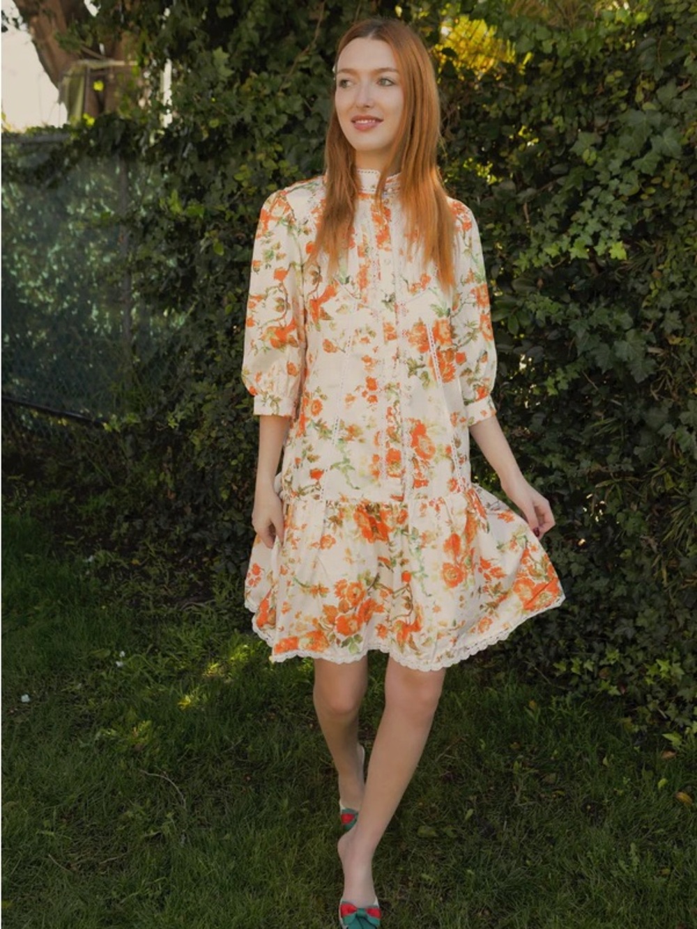Floral Ruffle Midi Dress in Cream and Orange